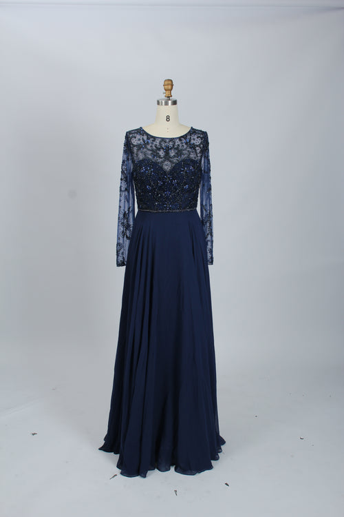 Navy beaded lace mother-of-the-bride gown with long sheer sleeves and flowing skirt