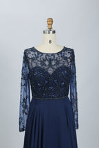 Navy embellished tulle long-sleeve gown with sparkling beaded bodice and skirt