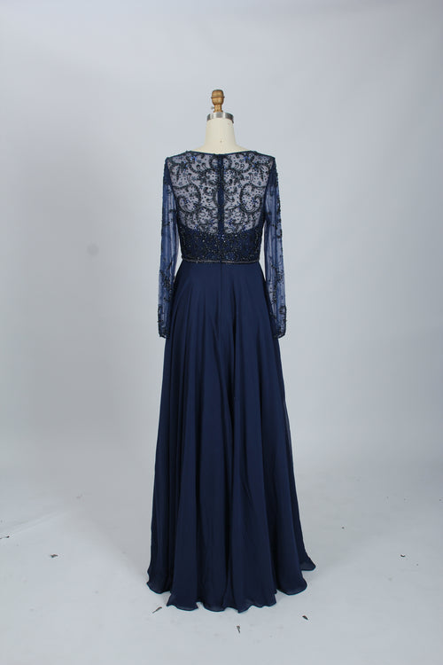 Navy beaded lace mother-of-the-bride gown, back view with long sheer sleeves