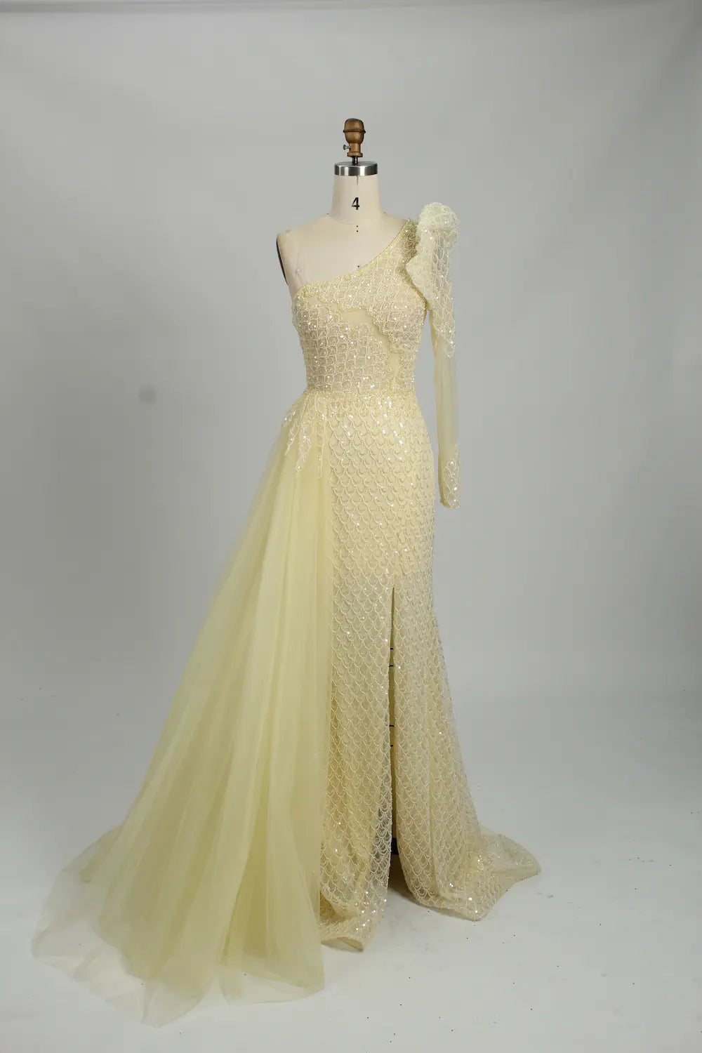 One Shoulder Sequined Mother of the Bride Dress with Overskirt MK150