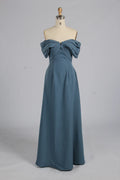 Teal-blue off-shoulder A-line mother-of-the-bride dress with draped ruffle bodice