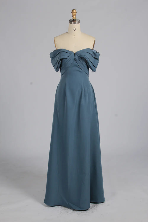 Teal-blue off-shoulder A-line mother-of-the-bride dress with draped ruffle bodice