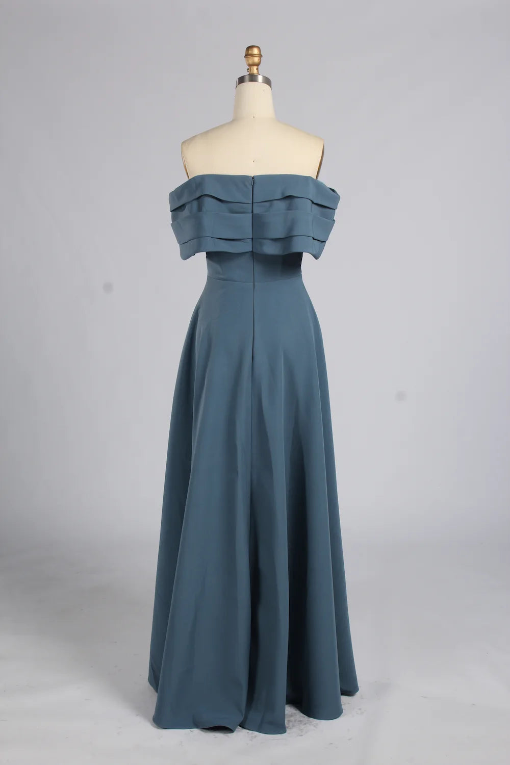Teal-blue off-shoulder A-line mother-of-the-bride dress with layered ruffled neckline