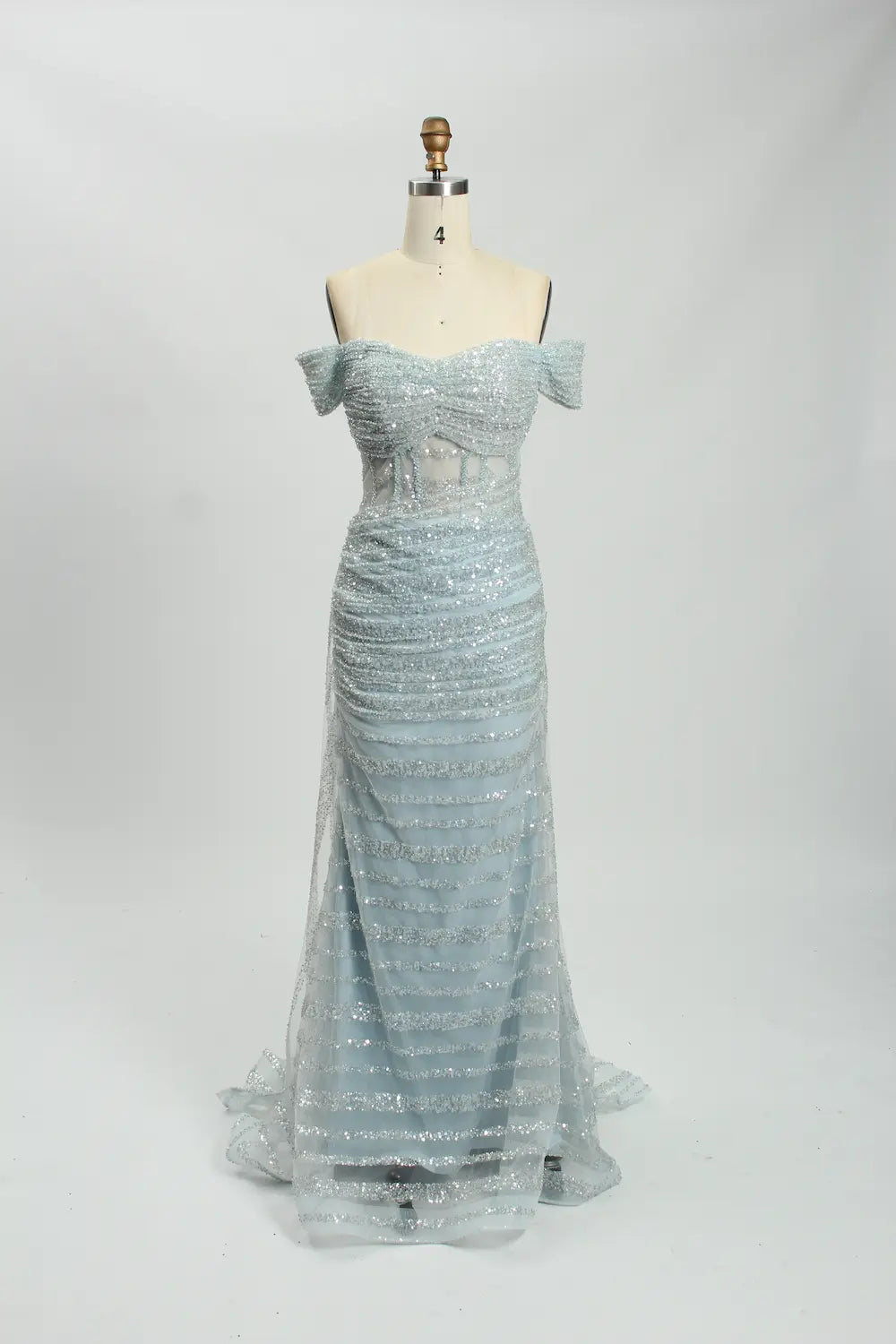 Off the Shoulder Sequined Light Blue Evening Dress MC113