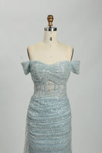 Off the Shoulder Sequined Light Blue Evening Dress MC113