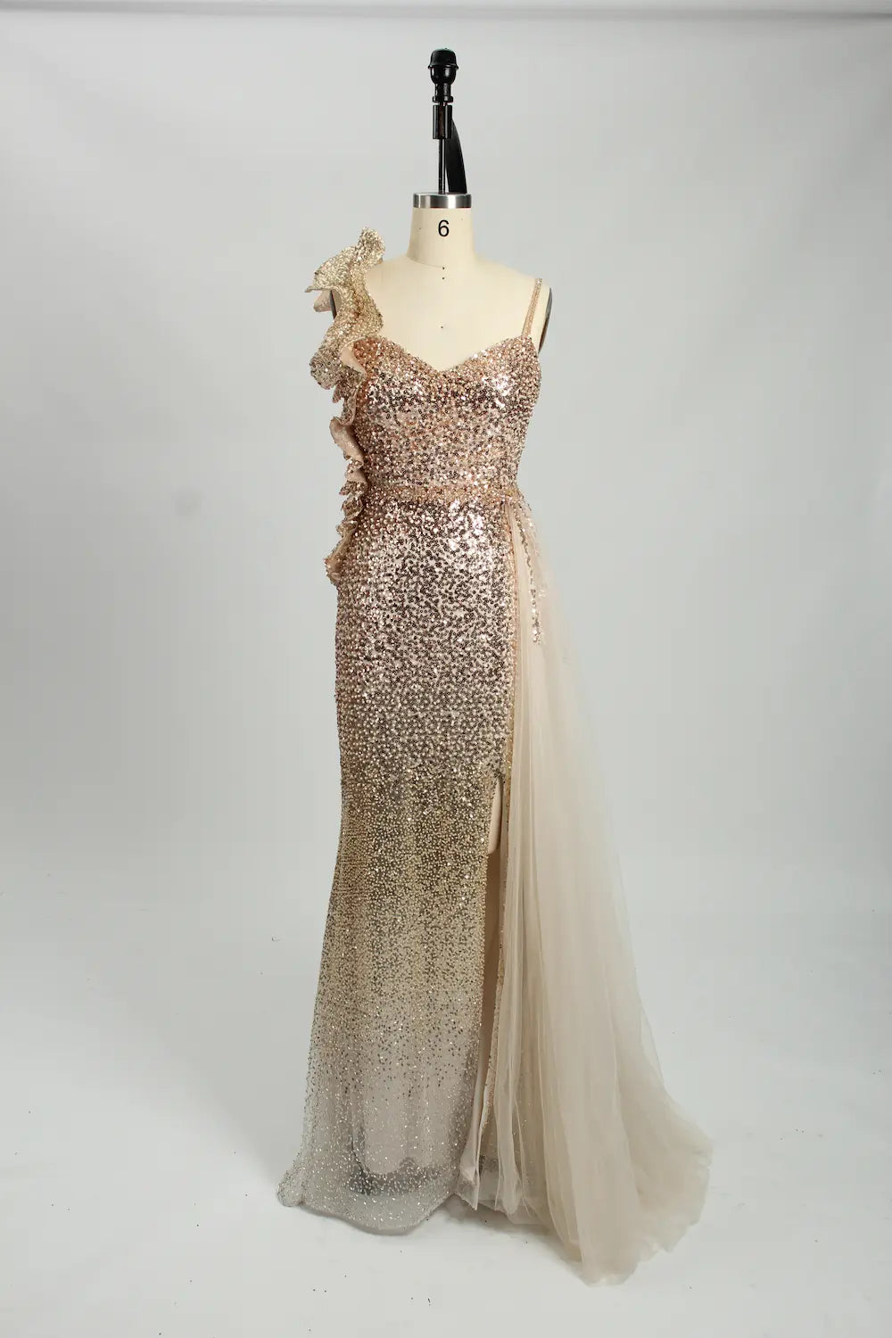 One Shoulder Sequined Ombre Evening Dress with Side Train MC117