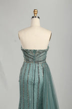 Sage Green Strapless Beaded Side Drape and Slit Evening Gown KS058
