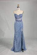 Timeless Light Blue Strapless Sequin Slit Evening Gown KS059