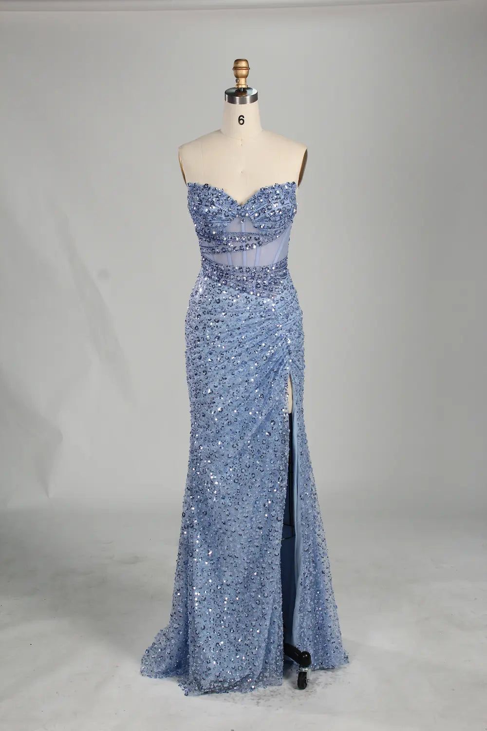 Timeless Light Blue Strapless Sequin Slit Evening Gown KS059