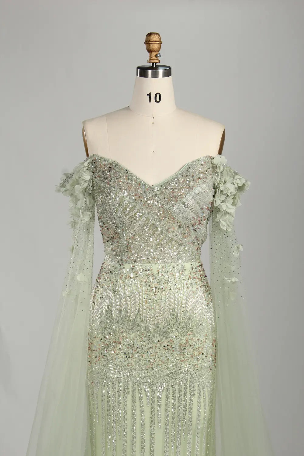 Sage Green Off-the-Shoulder Beaded Floral Mother of the Groom Dress KS060