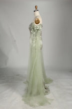 Sage Green Off-the-Shoulder Beaded Floral Mother of the Groom Dress KS060