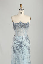 luxury Light Blue Strapless Beaded Corset Mermaid Evening Gown KS061
