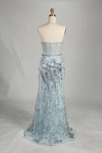 luxury Light Blue Strapless Beaded Corset Mermaid Evening Gown KS061