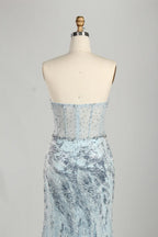 luxury Light Blue Strapless Beaded Corset Mermaid Evening Gown KS061