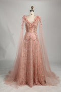 Blush Pink Floral Beaded A-Line Mother of the Bride Dress with Split Sleeves KS062