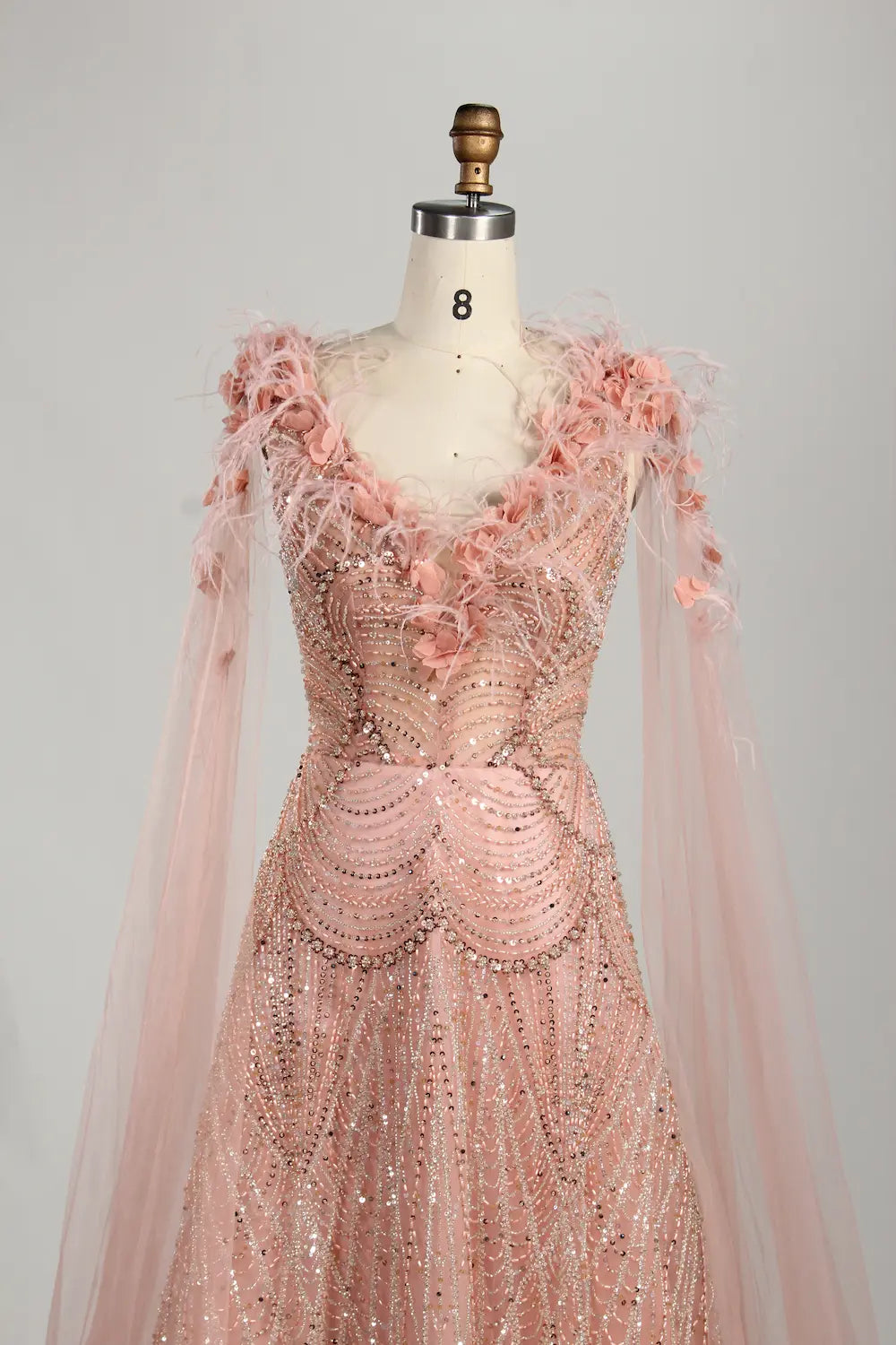 Blush Pink Floral Beaded A-Line Mother of the Bride Dress with Split Sleeves KS062