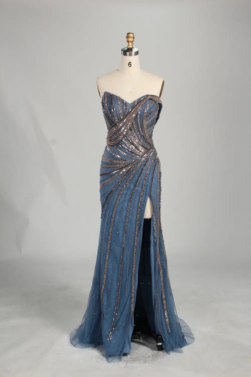 Dusty blue strapless beaded sequin sheath evening gown with high slit, draped front