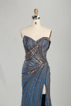 Dusty Blue Strapless Beaded and Sequin Sheath Evening Gown with High Slit KS063