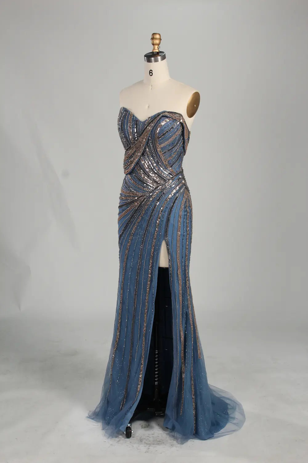 Dusty Blue Strapless Beaded and Sequin Sheath Evening Gown with High Slit KS063