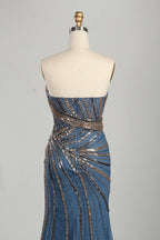 Dusty Blue Strapless Beaded and Sequin Sheath Evening Gown with High Slit KS063