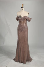 Mauve Off-the-Shoulder Beaded Fit and Flare Mother of the Bride Dress KS064