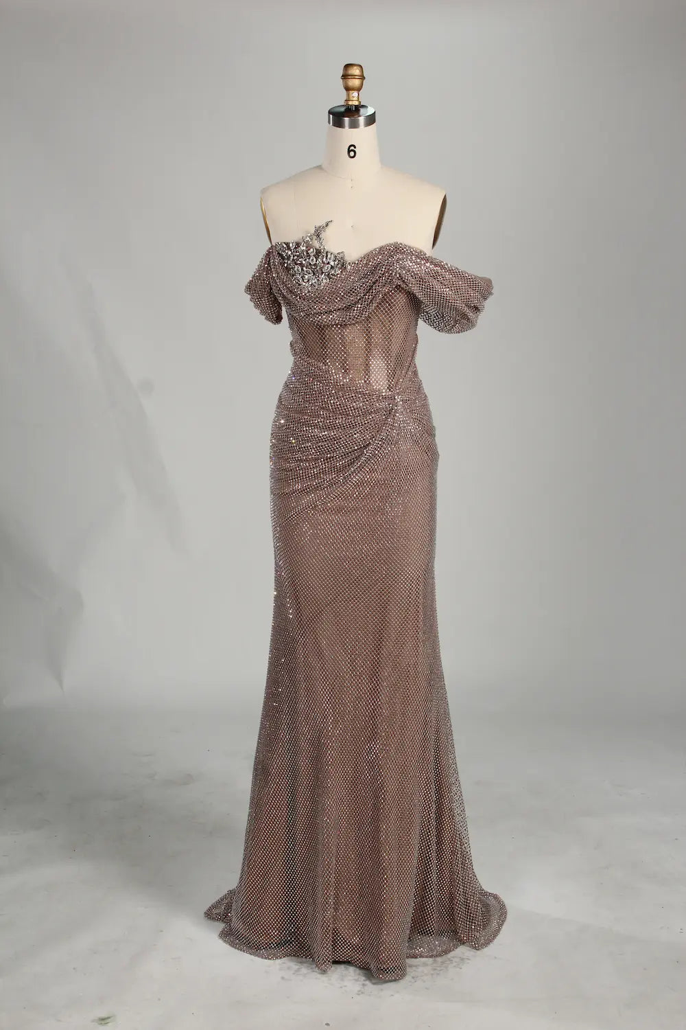 Mauve Off-the-Shoulder Beaded Fit and Flare Mother of the Bride Dress KS064