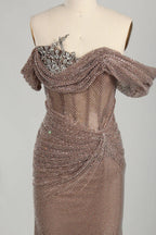 Mauve Off-the-Shoulder Beaded Fit and Flare Mother of the Bride Dress KS064
