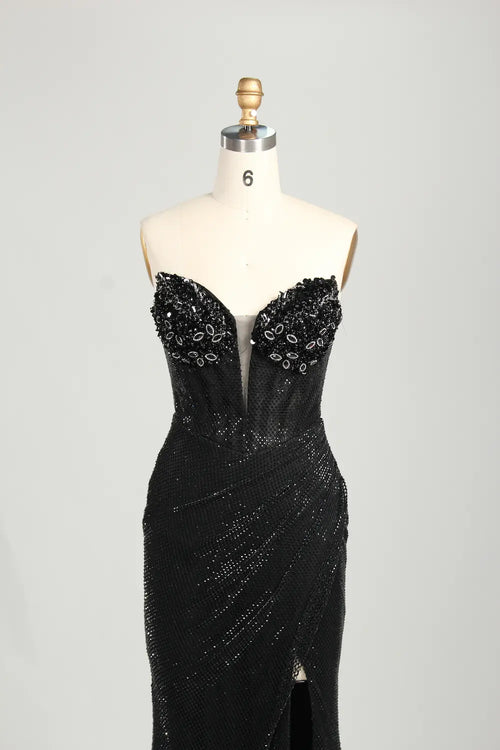Black Strapless Beaded Sweetheart Mermaid Evening Gown with Slit KS065