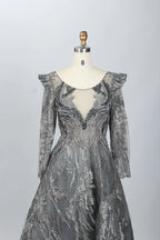 Charcoal Gray Beaded A-Line Mother of the Bride Dress with Long Sleeves MK078