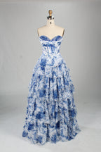 Wholesale Elegant Strapless Floral Chiffon Rhinestone Prom Gown 33223