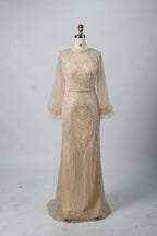 Elegant High-Neck Long Sleeve Beaded Champagne Mother of the Bride Dress KY031B