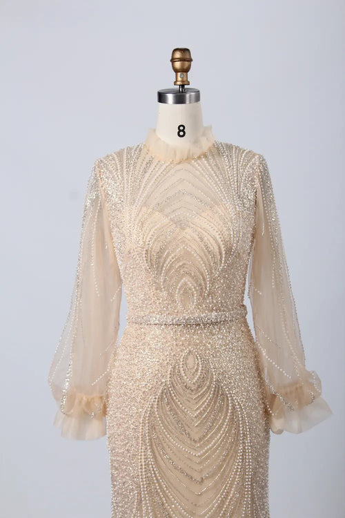 Champagne beaded high-neck long-sleeve mother of the bride dress with draped waist detail