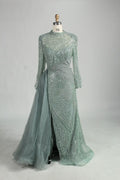 High Neck Beaded Sage Green Mother of the Bride Dress with Overskirt MK153