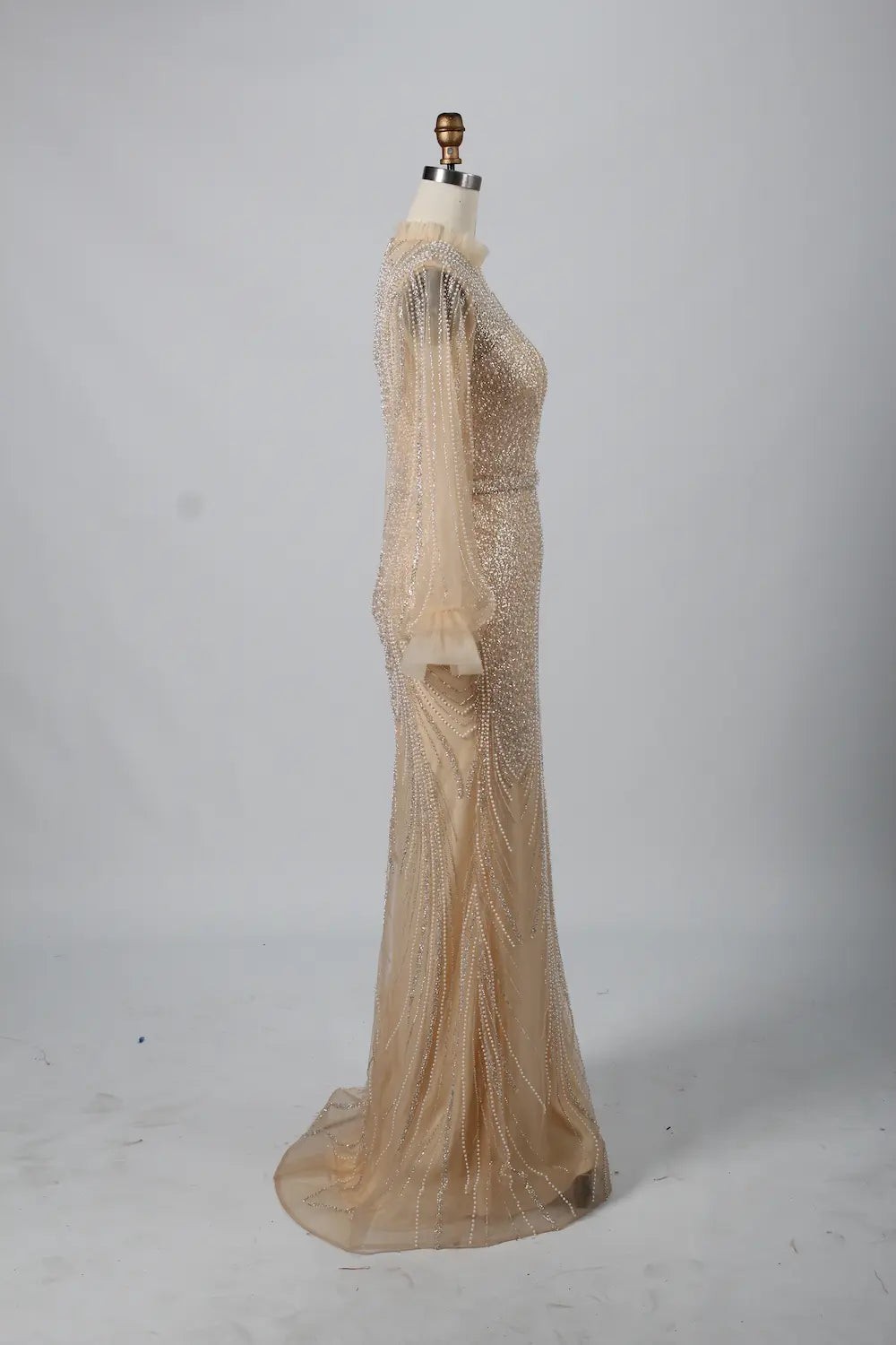 Elegant High-Neck Long Sleeve Beaded Champagne Mother of the Bride Dress KY031B