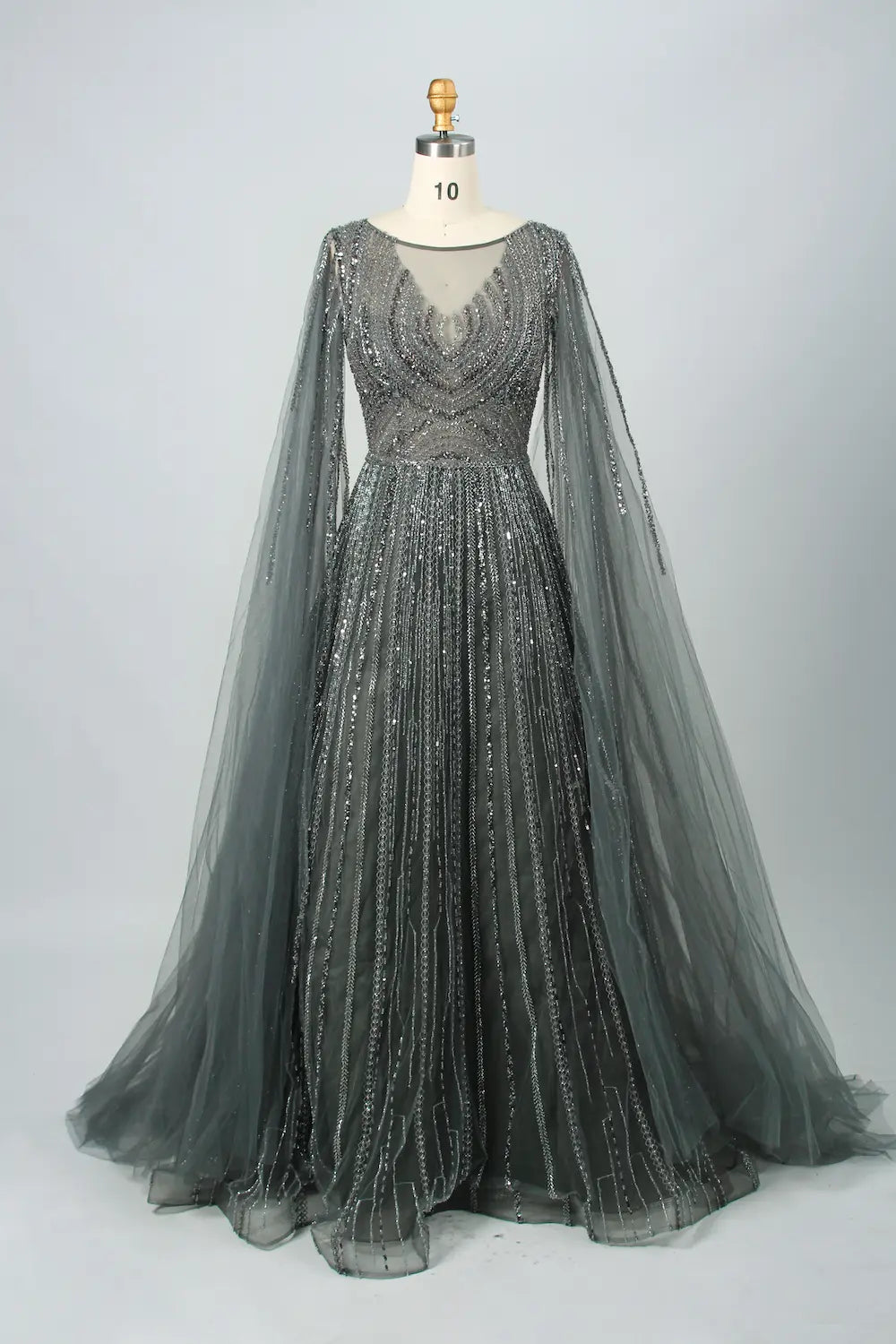 Beaded A-line mother-of-the-bride dress with V neckline and long sheer cape sleeves, dark metallic
