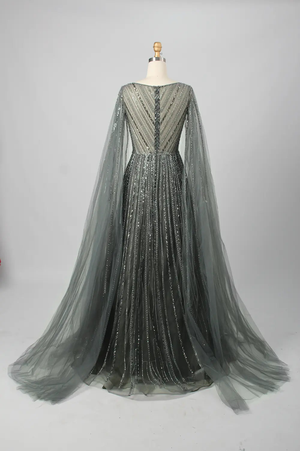 Beaded A-line mother-of-the-bride dress with long sheer cape sleeves and V-back, dark metallic