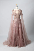 Beaded A-Line Mother of the Bride Dress with Long Cape Sleeves MK145