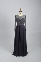 Navy beaded tulle long-sleeve gown with full-length skirt