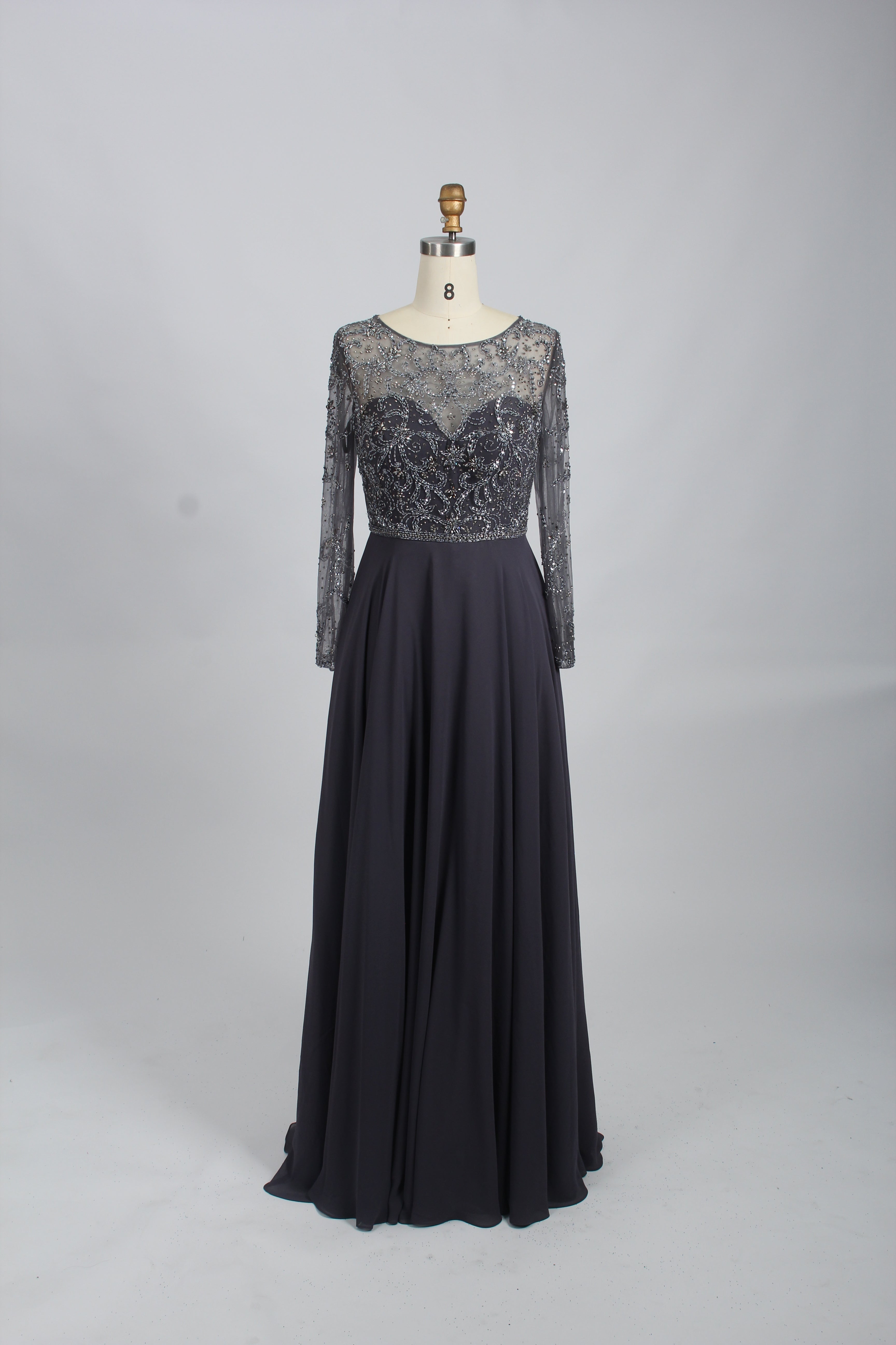 Navy beaded tulle long-sleeve gown with full-length skirt