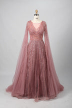 Beaded A-line gown with V neckline, sheer cape sleeves, and pink sparkling sequin beadwork