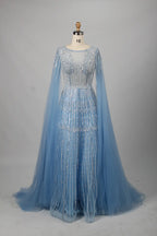 Beaded A-Line Mother of the Bride Dress with Long Cape Sleeves MK145