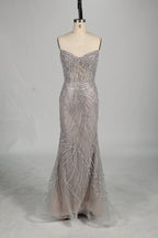 Wholesale Silver Pearl - Embellished Strapless Evening Gown 33175