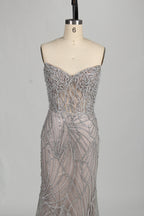 Wholesale Silver Pearl - Embellished Strapless Evening Gown 33175