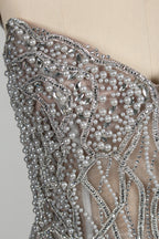 Wholesale Silver Pearl - Embellished Strapless Evening Gown 33175