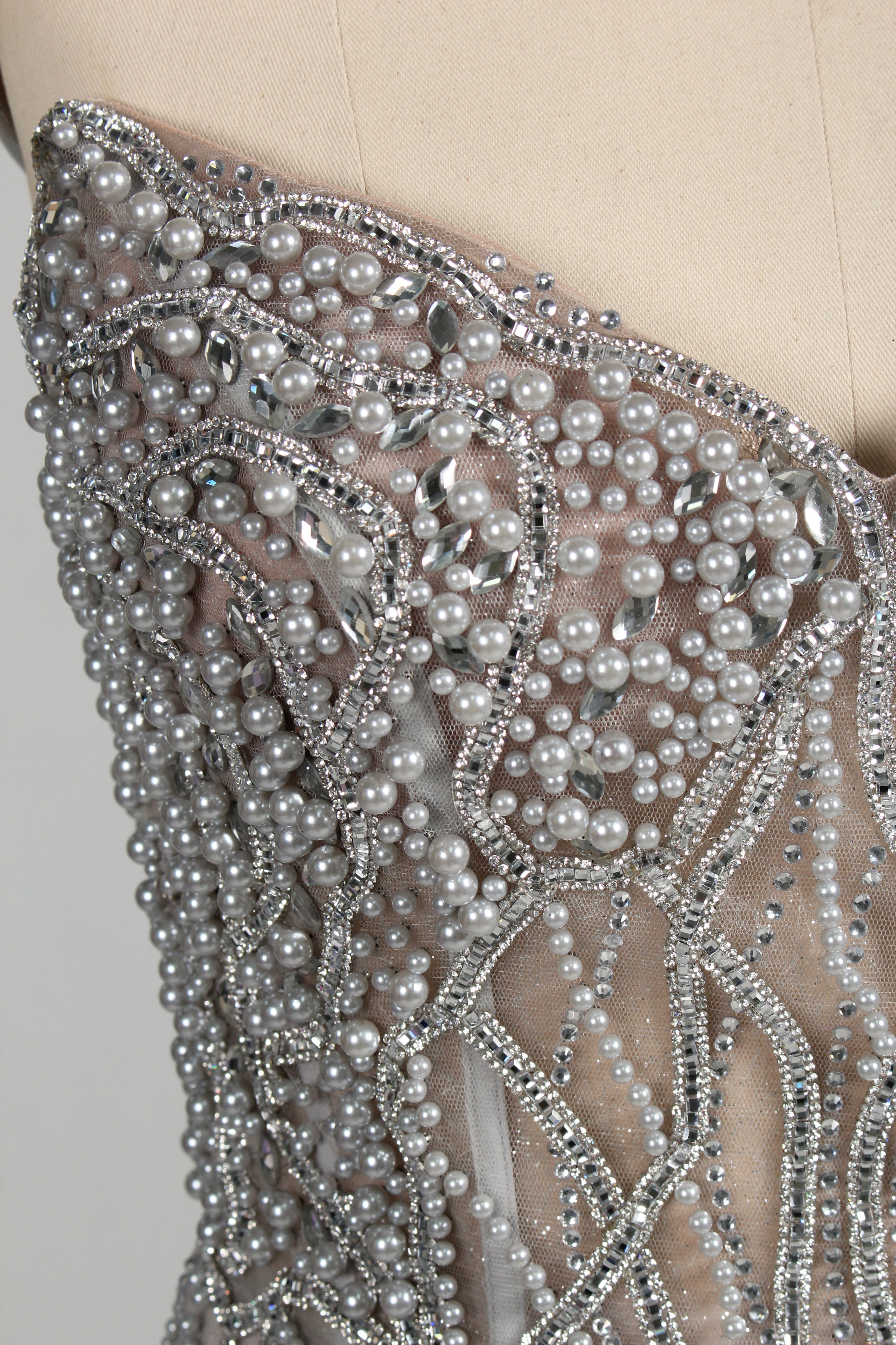 Wholesale Silver Pearl - Embellished Strapless Evening Gown 33175