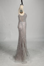 Wholesale Silver Pearl - Embellished Strapless Evening Gown 33175