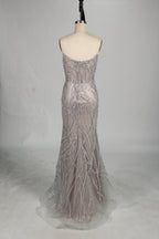 Wholesale Silver Pearl - Embellished Strapless Evening Gown 33175