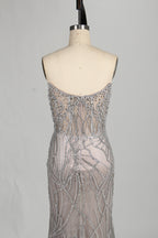 Wholesale Silver Pearl - Embellished Strapless Evening Gown 33175
