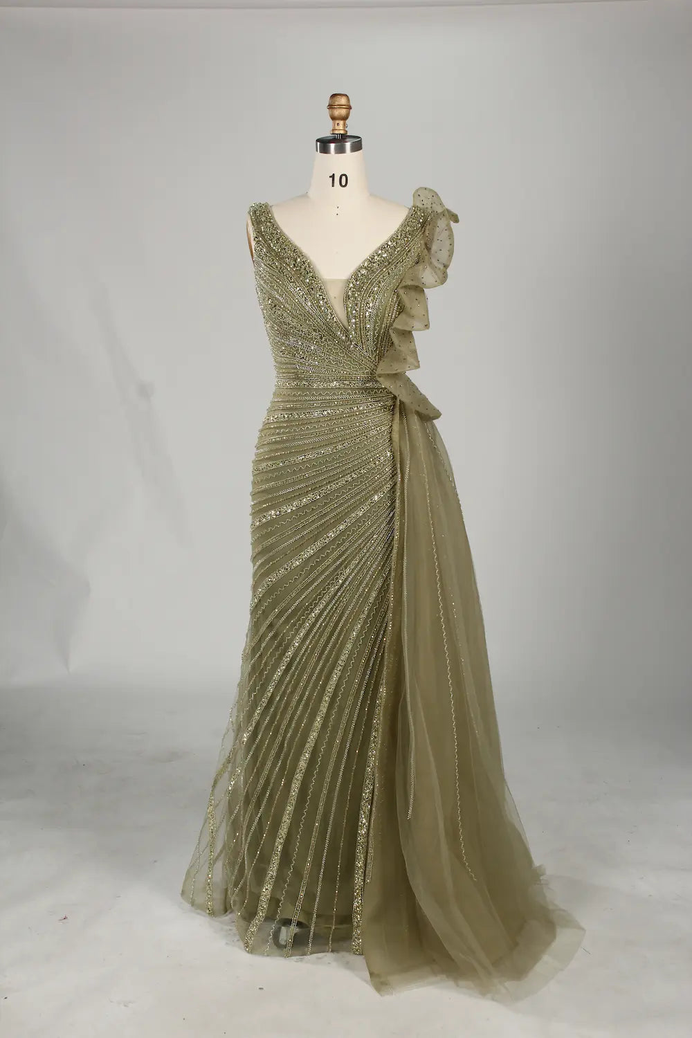 Olive green beaded V-neck long dress with lace cascade shoulder detail