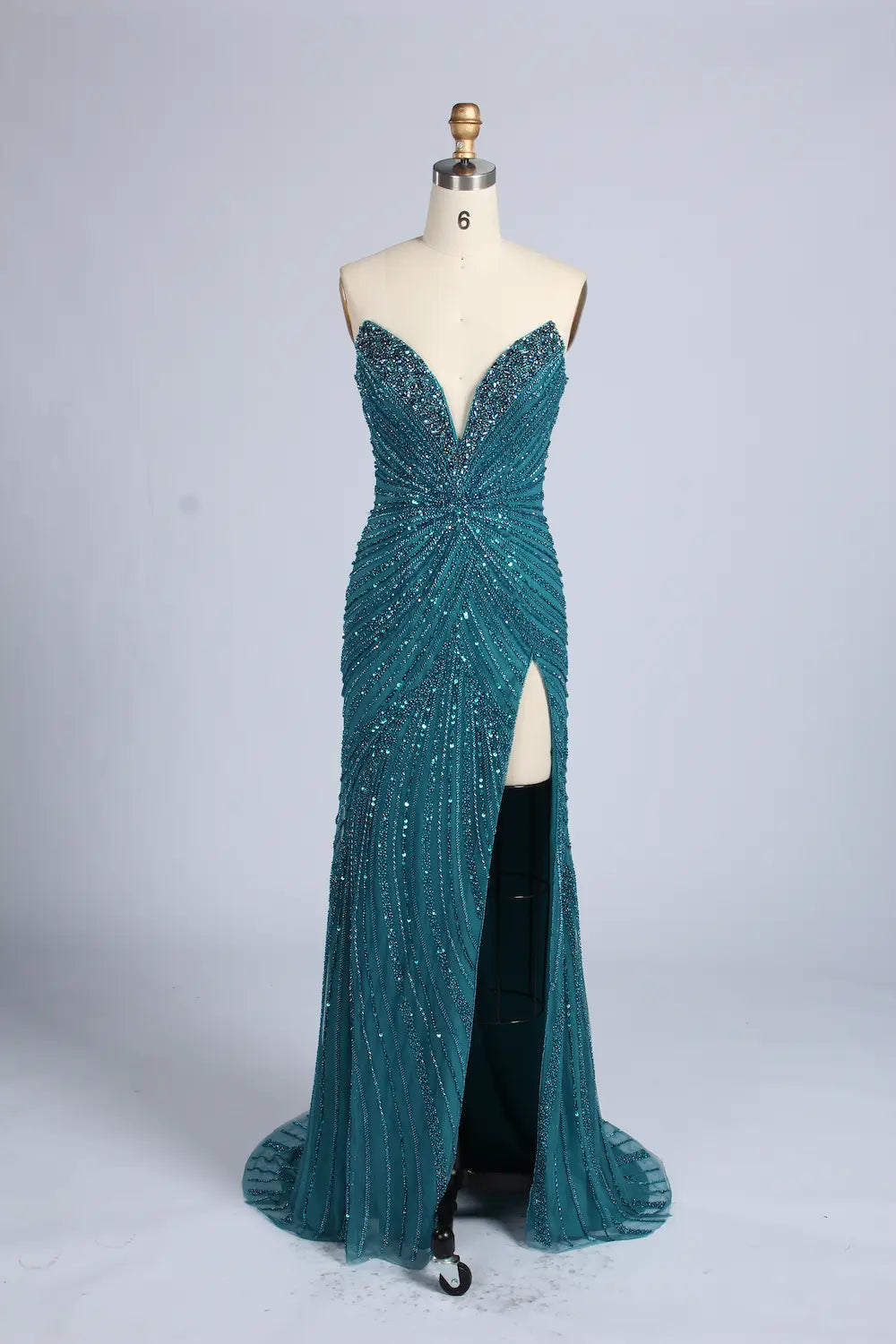 Teal Blue Beaded Sequin V-Neck High Slit Evening Dress MC163